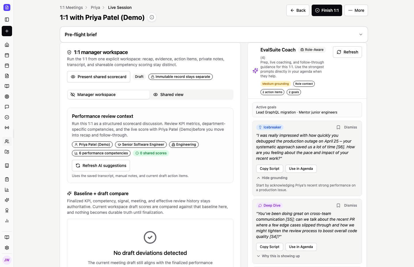 EvalSuite 1:1 meeting workspace with coaching prompts and review context